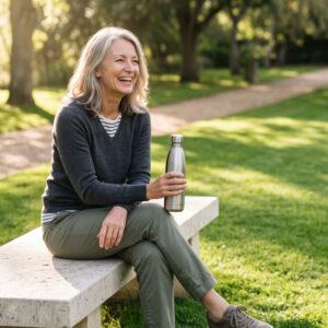 Smiling midlife woman enjoying a relaxing moment outdoors, representing health and wellbeing during menopause and perimenopause.